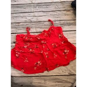 American Eagle Red Floral Tiered Camisole Top Womens Large Peplum Cami Boho
